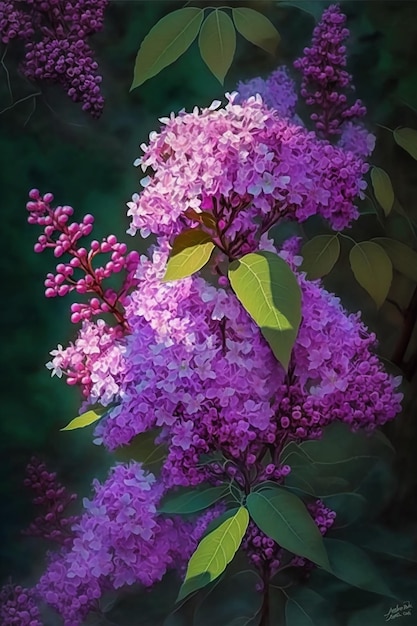 A painting of purple lilacs with green leaves and the word lilac on the bottom.