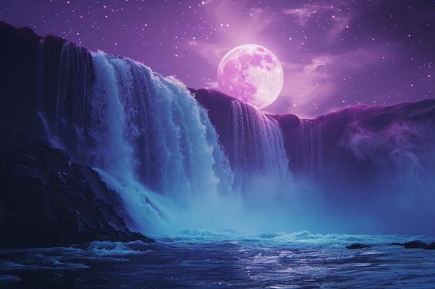 a painting of a purple moon and the water below it