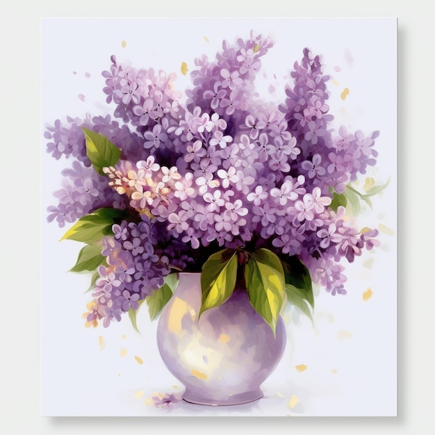 A painting of a purple vase of flowers with green leaves.