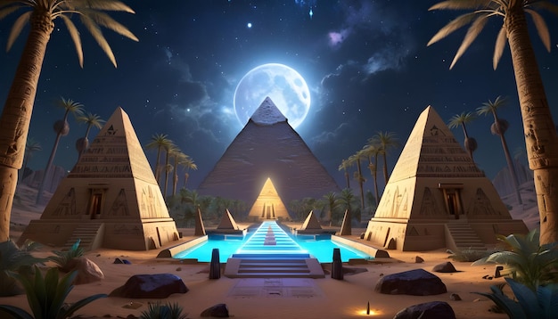 Photo a painting of a pyramid with a moon in the background