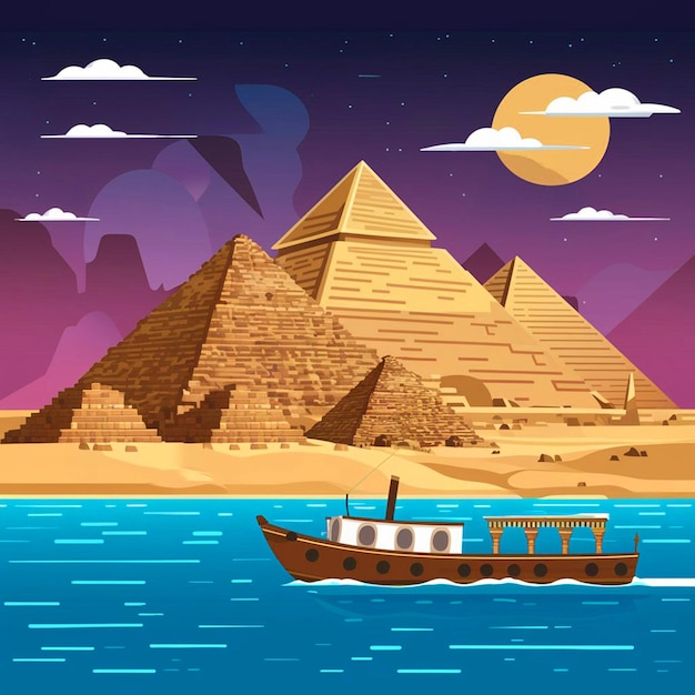 Photo a painting of pyramids with a boat and pyramids in the background