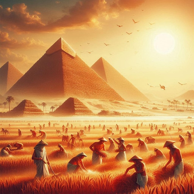 a painting of pyramids with the sun setting behind them