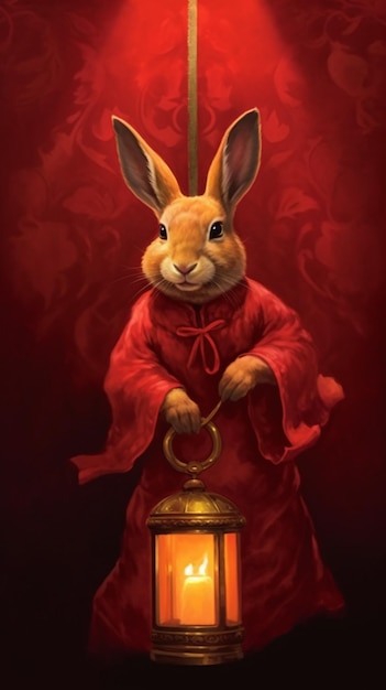 Painting of a rabbit dressed in a red robe holding a lantern generative ai