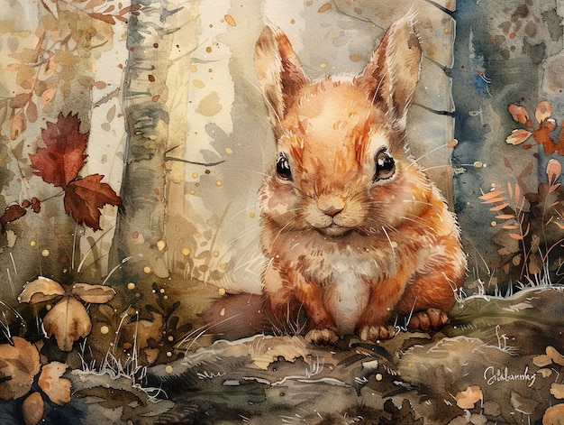 a painting of a rabbit sitting in the woods