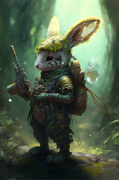 Painting of a rabbit with a gun in a forest generative ai