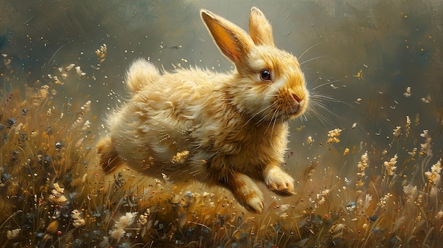 a painting of a rabbit with a yellow flower in the background