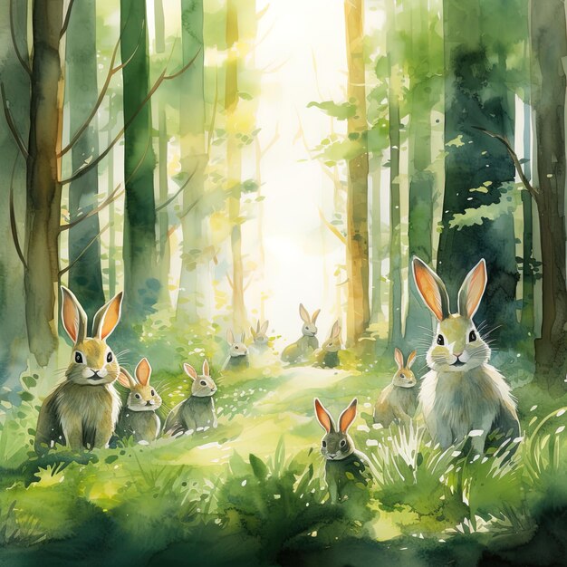 Photo a painting of rabbits in the woods with the sun shining through the trees