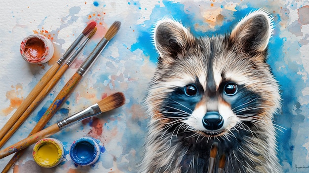 a painting of a raccoon with a brush in it