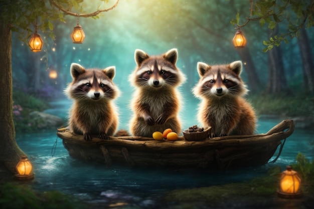 a painting of raccoons in a boat with a boat with eggs in the background