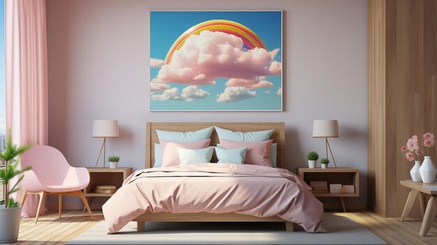 Photo a painting of a rainbow above a bed with a rainbow on the wall above it