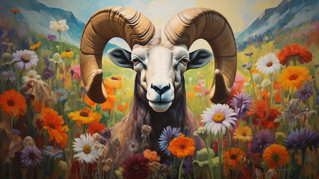 A painting of a ram in a field of wildflowers