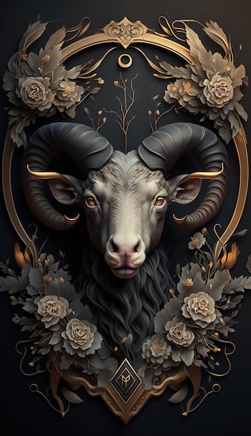 A painting of a ram with a frame of flowers.