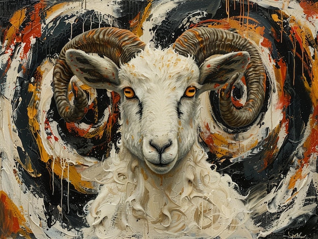 a painting of a ram with horns and a colorful background