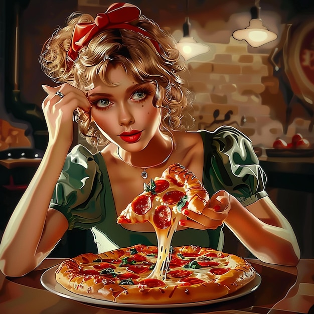 Photo a painting of a real woman holding a slice of pizza background