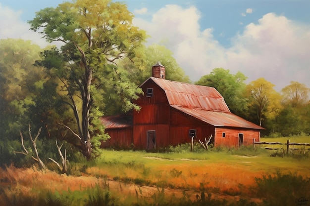 A painting of a red barn in a field with trees and grass.