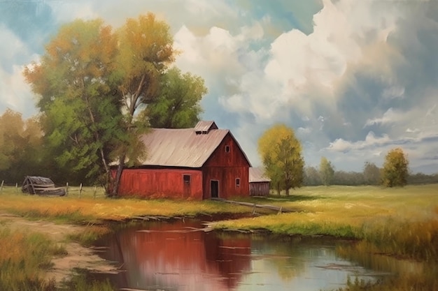 A painting of a red barn in a field with trees and water.