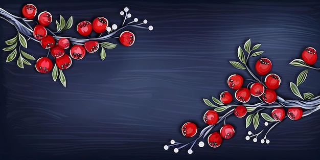 a painting of red berries and branches with berries on a dark background