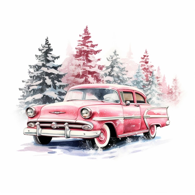 painting of a red car driving through a snowy forest generative ai