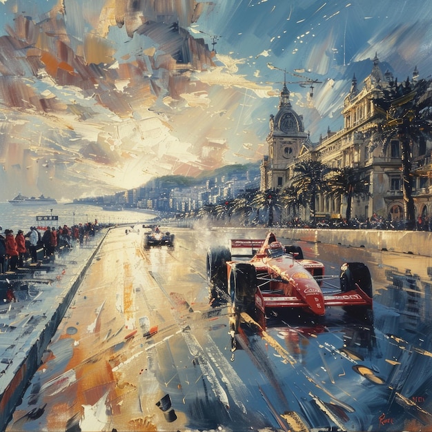 a painting of a red car that says  the red car is parked on a street