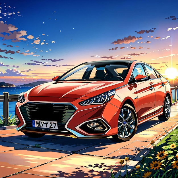 A painting of a red car