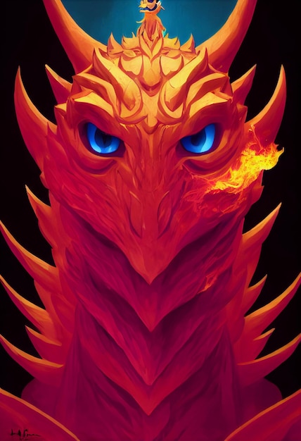 Painting of a red dragon with blue eyes generative ai