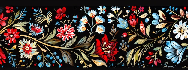 Photo a painting of red flowers and leaves with a red and blue butterfly on the top