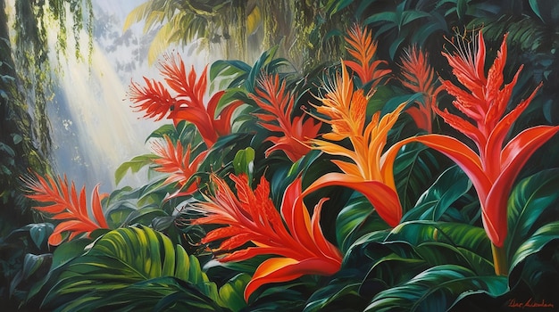 a painting of red flowers with the sun shining through the leaves