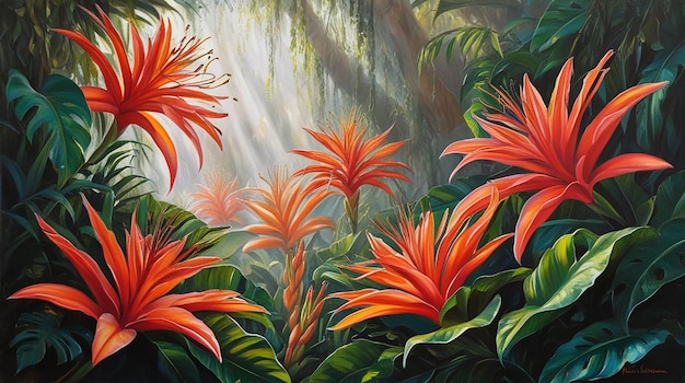 a painting of red flowers with the sun shining through the leaves