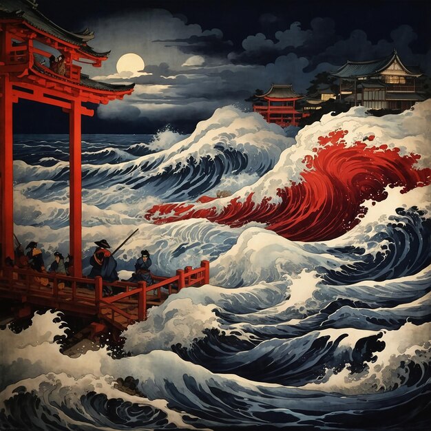 a painting of a red pagoda with a red gate in the middle of the water