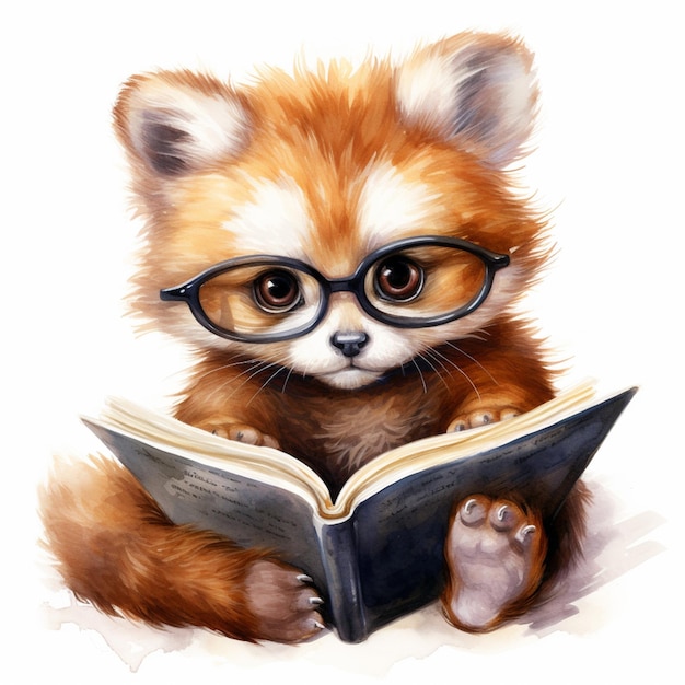 Painting of a red panda bear wearing glasses reading a book generative ai