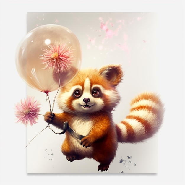 A painting of a red panda holding a balloon with a pink flower on it.