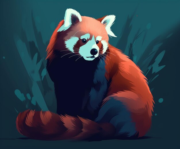 A painting of a red panda sitting on a blue background.