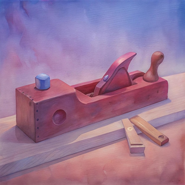 a painting of a red piece of wood with a hammer and a piece of wood