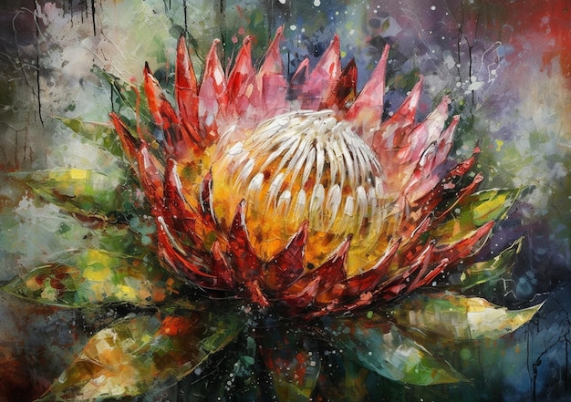 A painting of a red protea with yellow and orange petals.