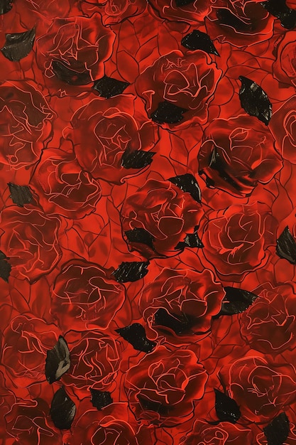 a painting of red roses with black spots on the bottom