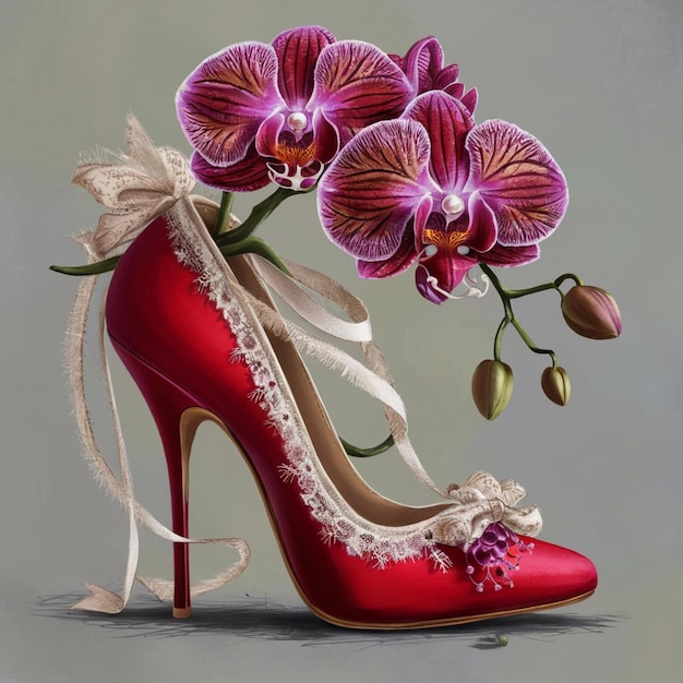 a painting of a red shoe with flowers and a skull on it