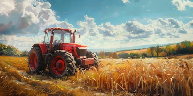 a painting of a red tractor in a wheat field