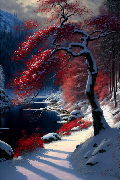 Painting of a red tree next to a body of water generative ai