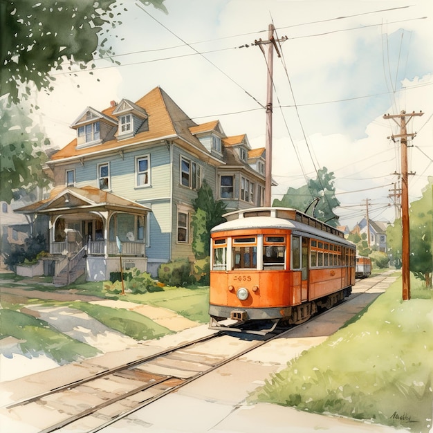 A painting of a red trolley going down a street