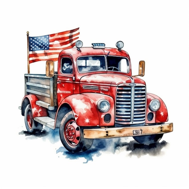 Painting of a red truck with an american flag on the back generative ai