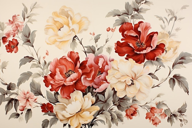 A painting of red and yellow flowers on a white background AI