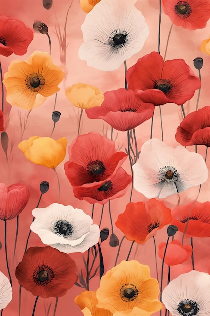 Photo a painting of a red and yellow poppies