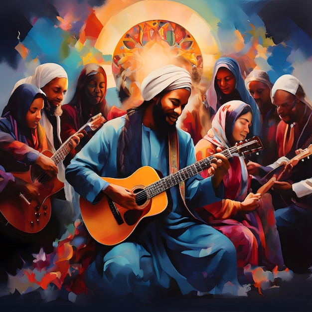 a painting of a religious man playing a guitar