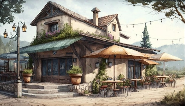 A painting of a restaurant with a green awning and a green awning.