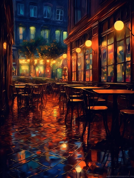 A painting of a restaurant with a lit up window.