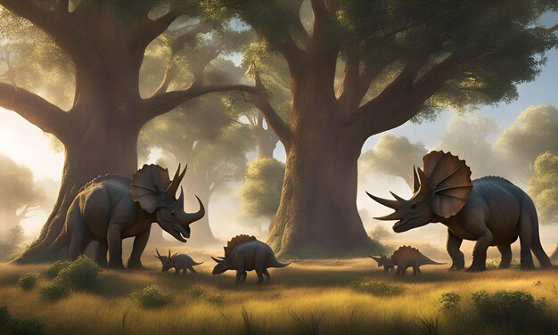 Photo a painting of rhinoceros in a forest with trees in the background