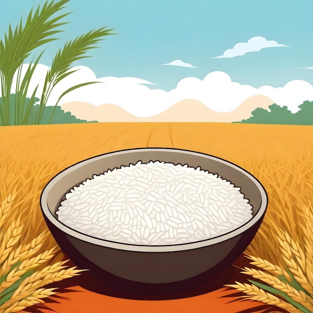 a painting of rice with a picture of rice in the middle of it