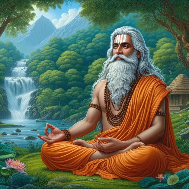 Photo a painting of rishi vedavyasa sitting in front of a waterfall