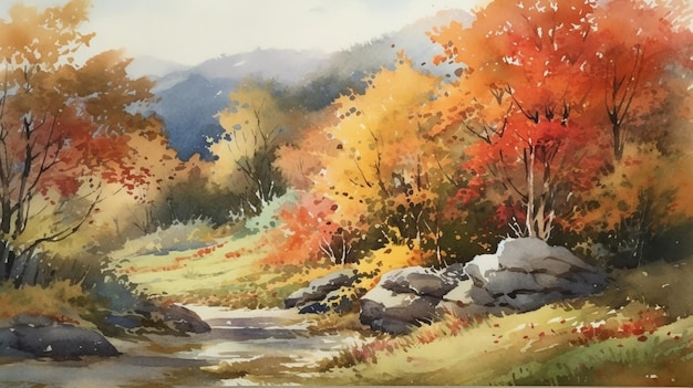 A painting of a river in autumn with a forest in the background.