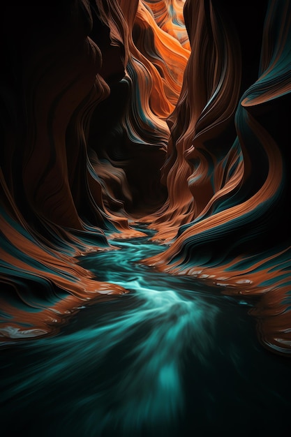 A painting of a river in a canyon